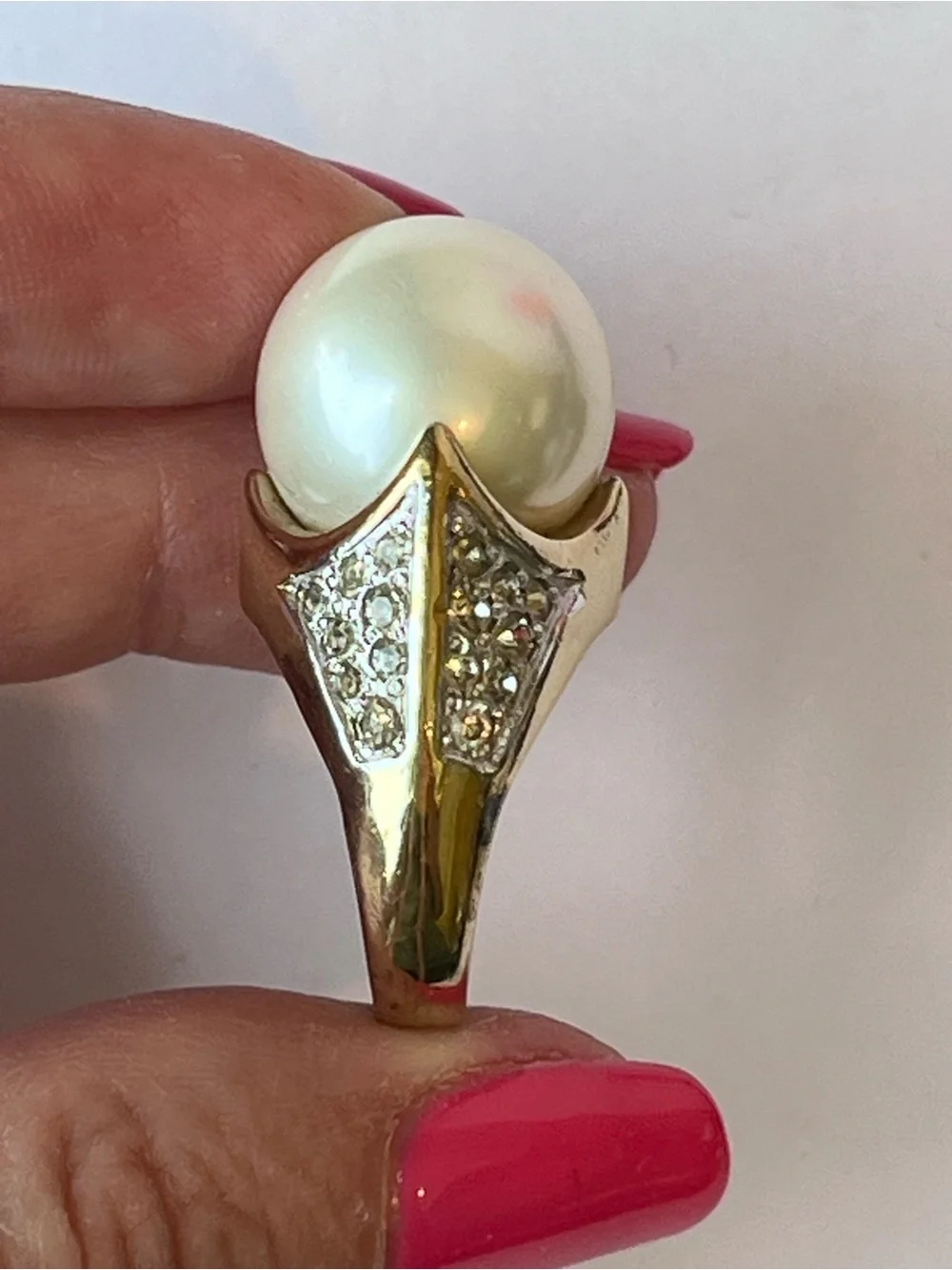 Vintage Panetta Faux Pearl & Crystals Gold Tone Sterling Cocktail Statement Ring